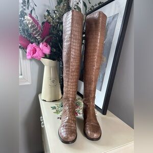 Stuart Weitzman 5050 Tan Croc-Effect OTK Boots - Size 6M